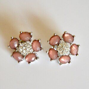 Rhinestone And Pink Flowers Pierced Earrings - Silver tone